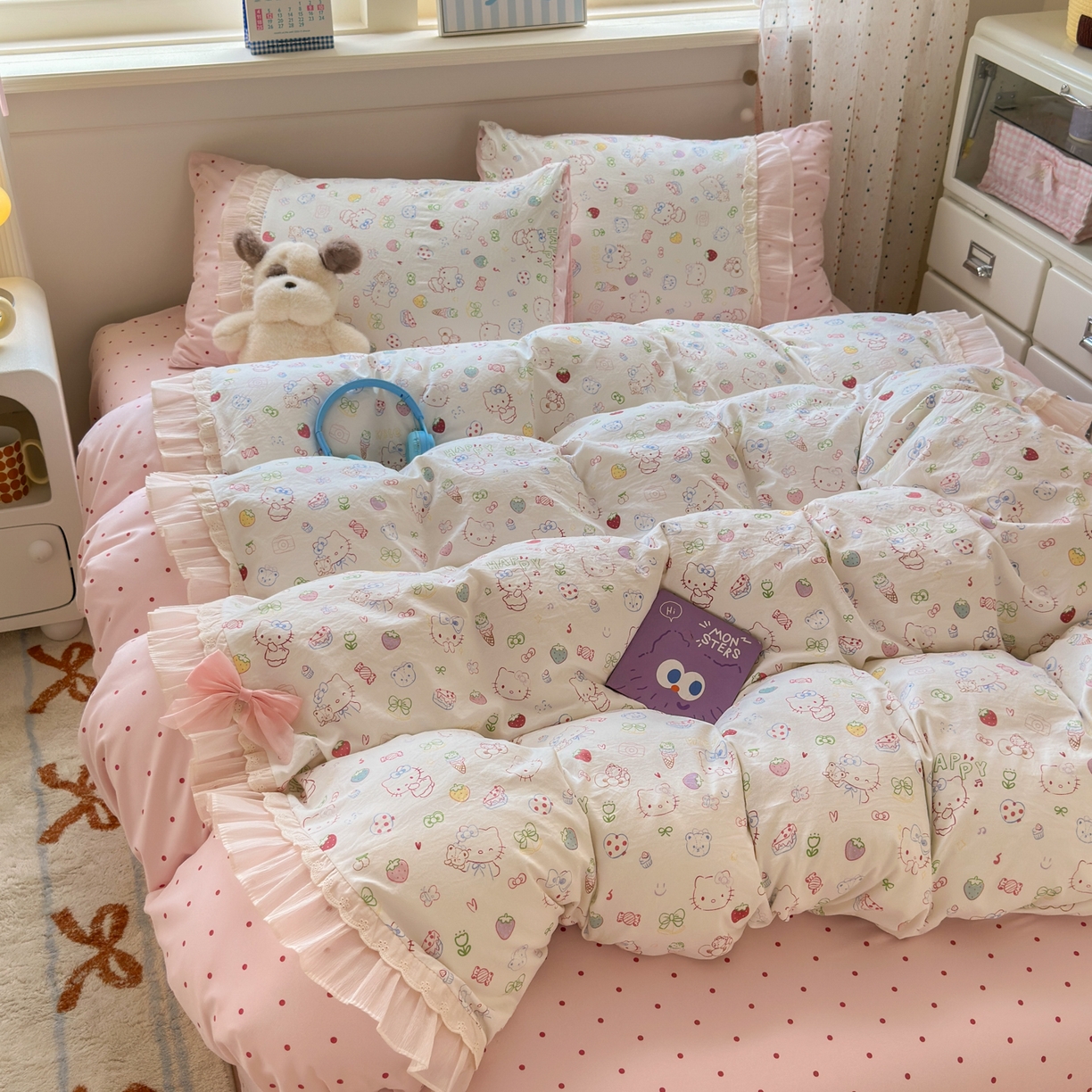 91家纺网 家纺一手货源 找家纺 一霖家纺 2025新款高克重云朵棉韩系小清新蝴蝶结四件套 少女KT