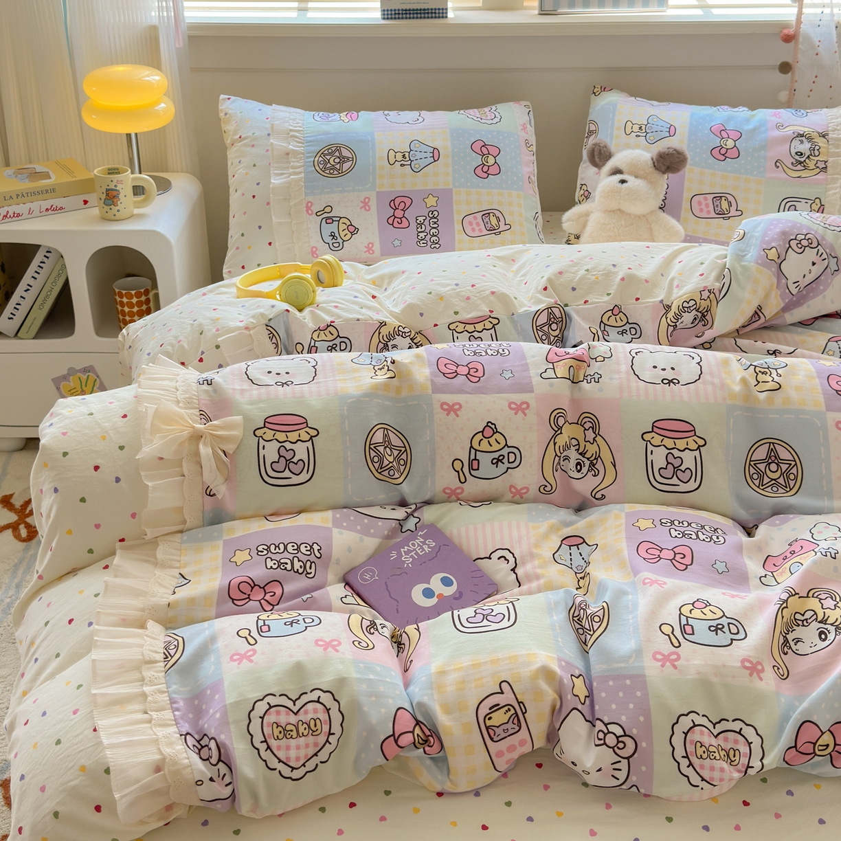 91家纺网 家纺一手货源 找家纺 一霖家纺 2025新款高克重云朵棉韩系小清新蝴蝶结四件套 炫彩美少女