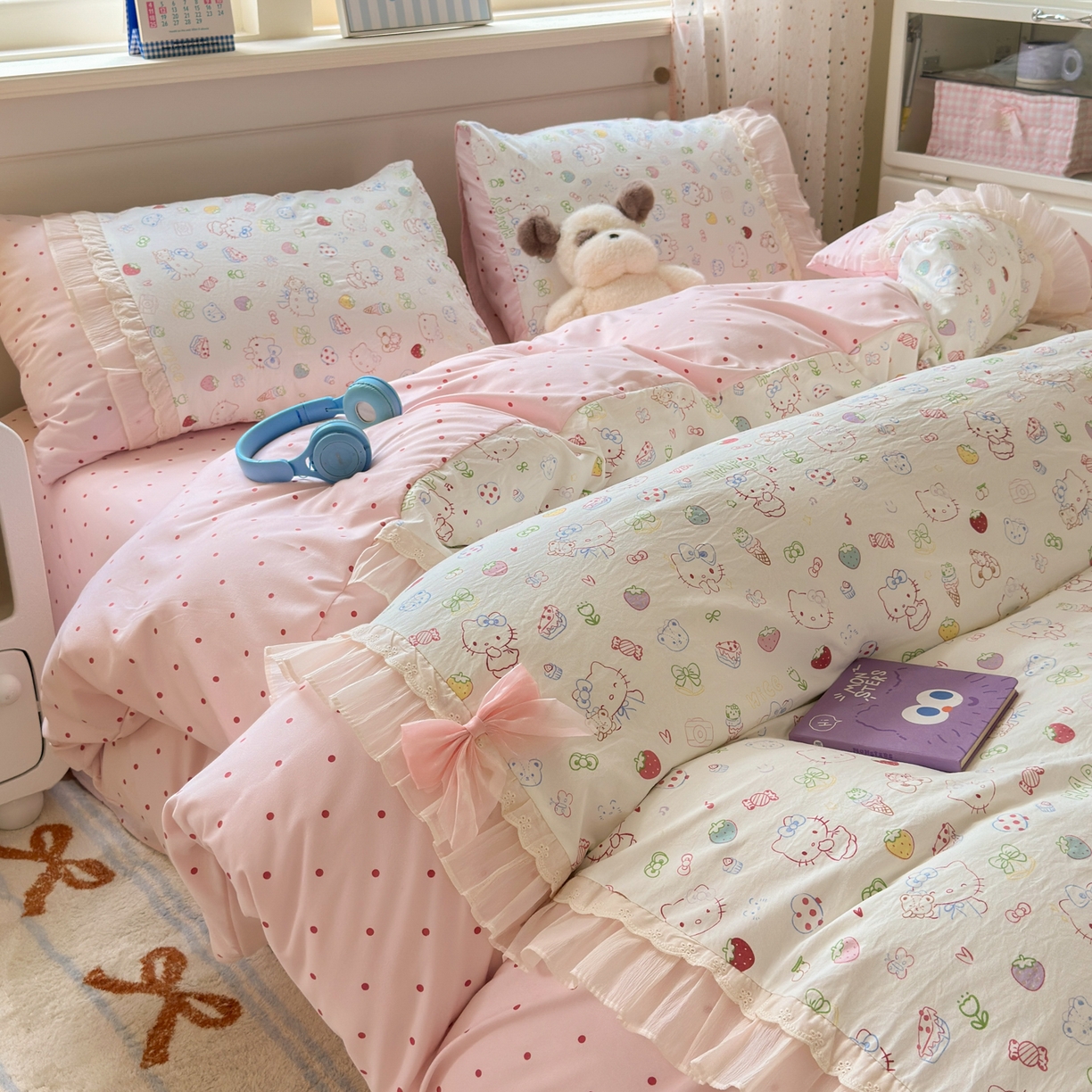 91家纺网 家纺一手货源 找家纺 一霖家纺 2025新款高克重云朵棉韩系小清新蝴蝶结四件套 少女KT