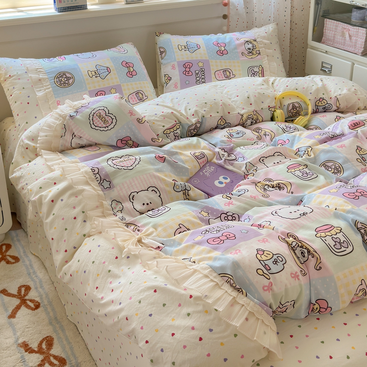 91家纺网 家纺一手货源 找家纺 一霖家纺 2025新款高克重云朵棉韩系小清新蝴蝶结四件套 炫彩美少女