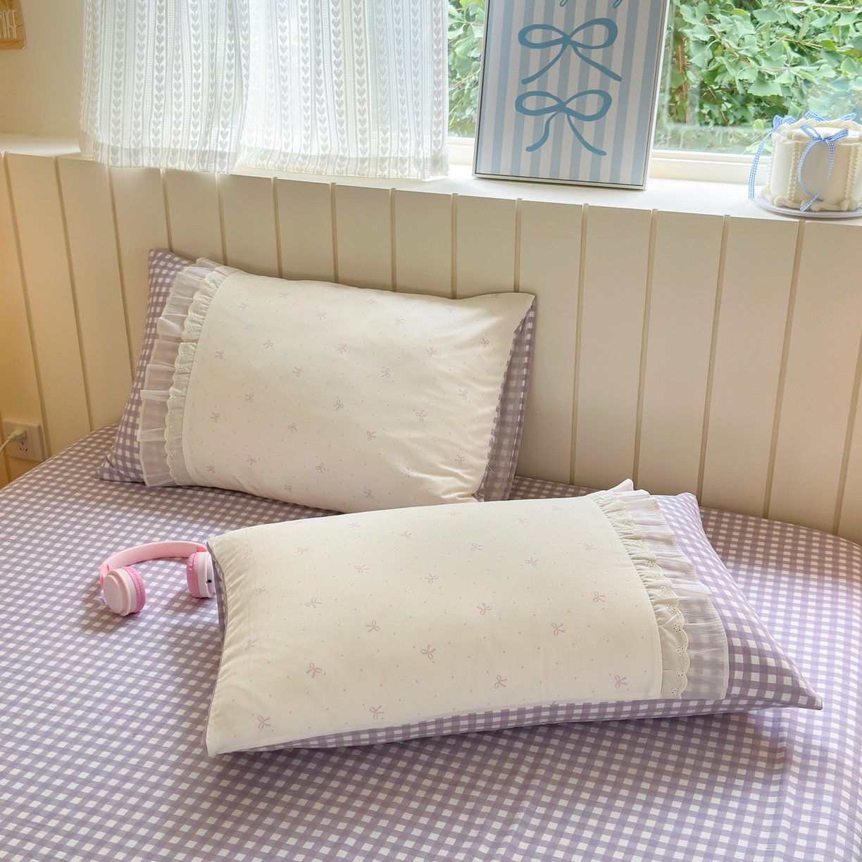 91家纺网 家纺一手货源 找家纺 一霖家纺 2025新款高克重云朵棉韩系小清新蝴蝶结四件套 波点蝴蝶结紫