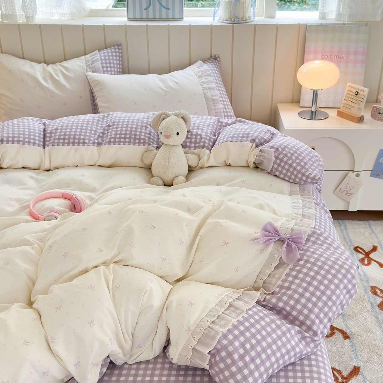 91家纺网 家纺一手货源 找家纺 一霖家纺 2025新款高克重云朵棉韩系小清新蝴蝶结四件套 波点蝴蝶结紫