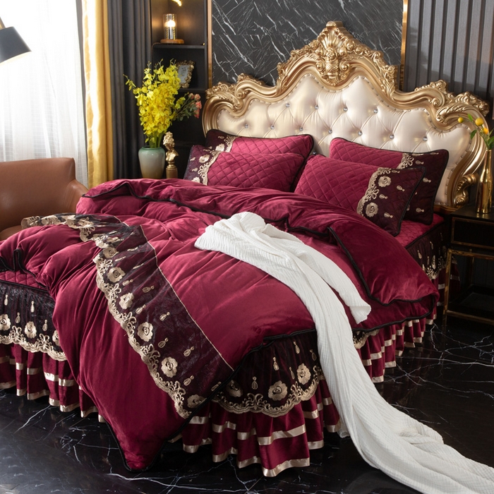 能好家纺 2025新款亲肤舒适水晶绒夹棉床裙款系列四件套 酒红