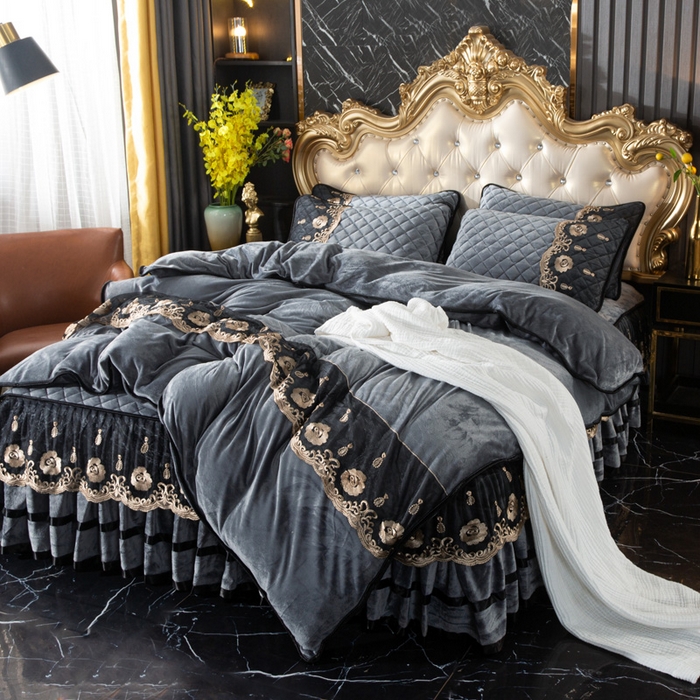 能好家纺 2025新款亲肤舒适水晶绒夹棉床裙款系列四件套 灰