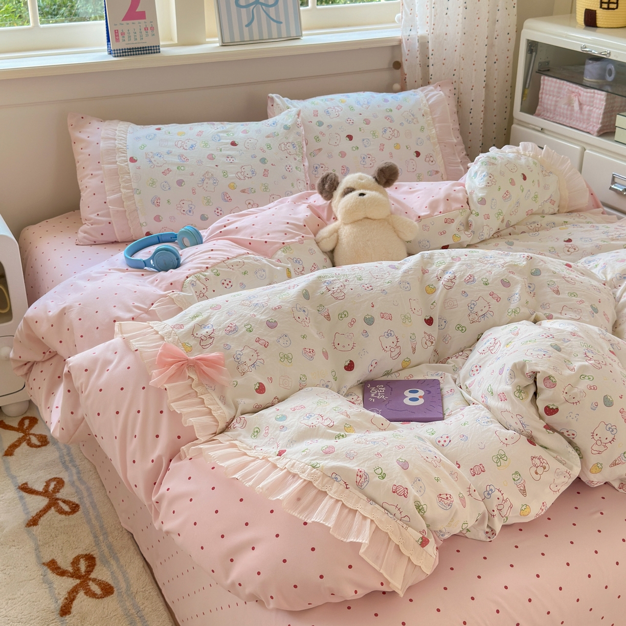 91家纺网 家纺一手货源 找家纺 一霖家纺 2025新款高克重云朵棉韩系小清新蝴蝶结四件套 少女KT