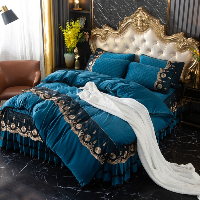 能好家纺 2025新款亲肤舒适水晶绒夹棉床裙款系列四件套 月光蓝