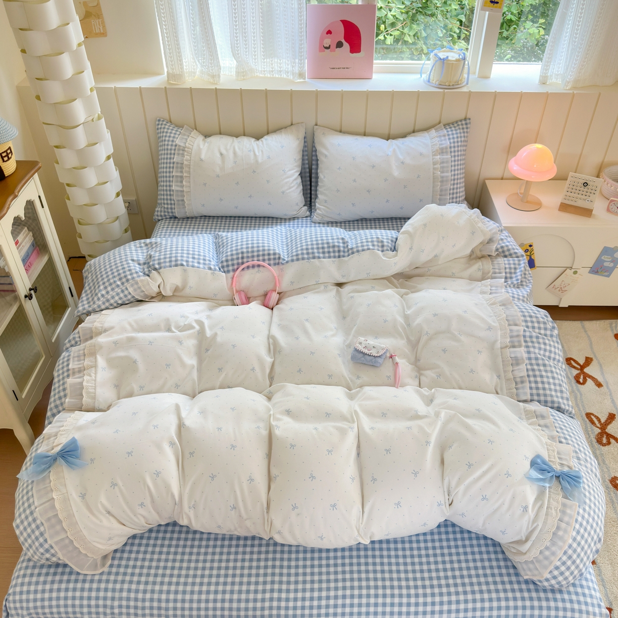 91家纺网 家纺一手货源 找家纺 一霖家纺 2025新款高克重云朵棉韩系小清新蝴蝶结四件套 波点蝴蝶结蓝