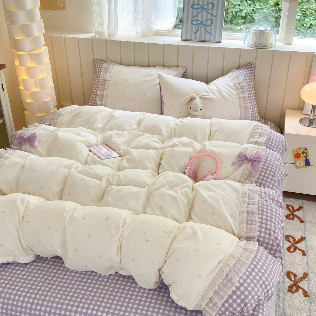 91家纺网 家纺一手货源 找家纺 一霖家纺 2025新款高克重云朵棉韩系小清新蝴蝶结四件套 波点蝴蝶结紫