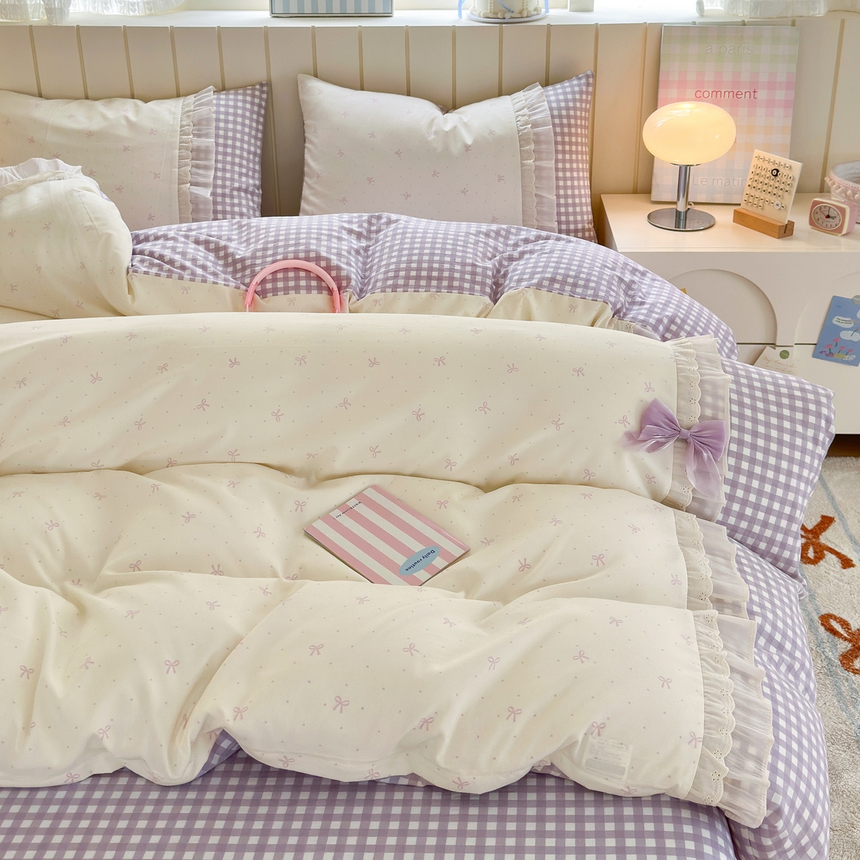 91家纺网 家纺一手货源 找家纺 一霖家纺 2025新款高克重云朵棉韩系小清新蝴蝶结四件套 波点蝴蝶结紫