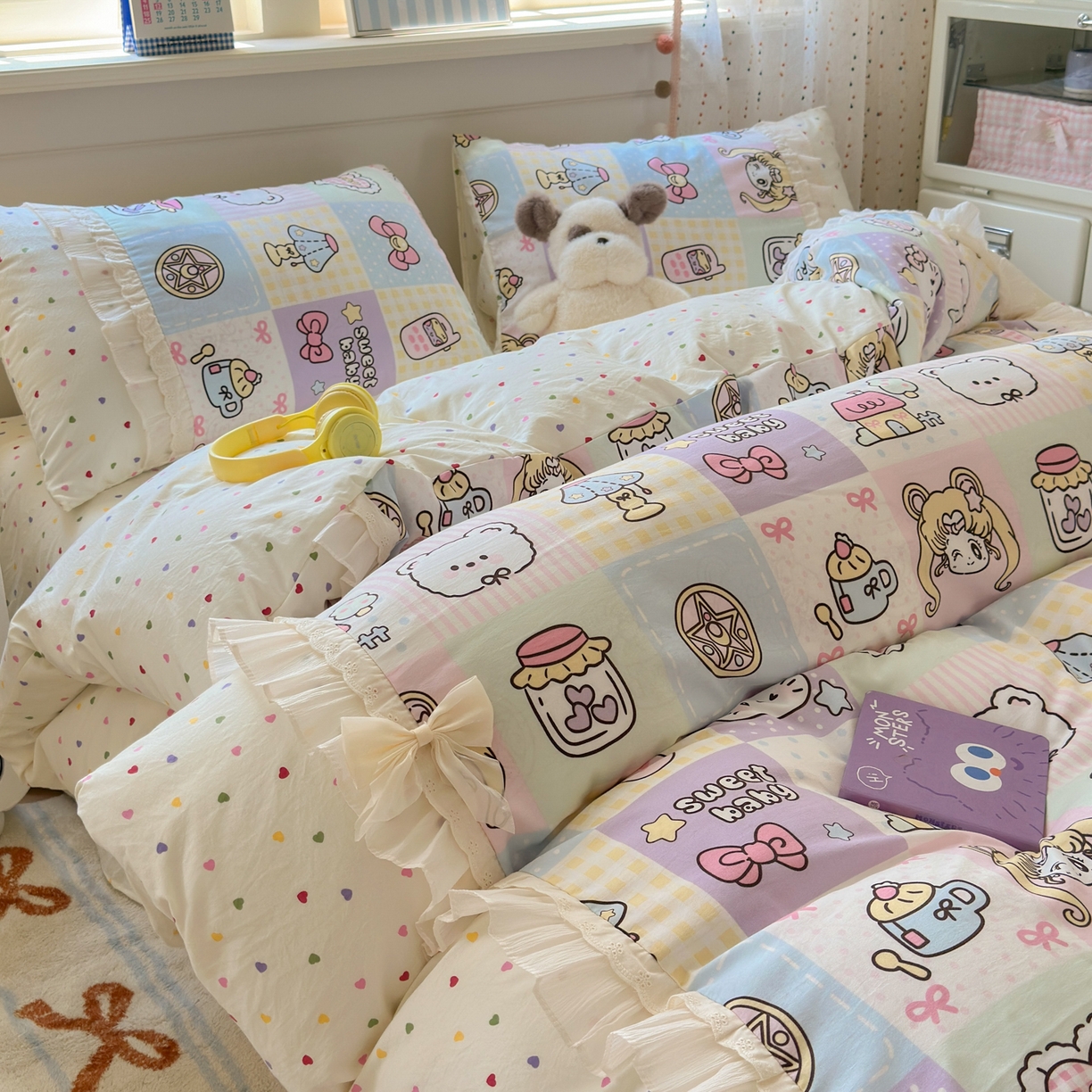 91家纺网 家纺一手货源 找家纺 一霖家纺 2025新款高克重云朵棉韩系小清新蝴蝶结四件套 炫彩美少女