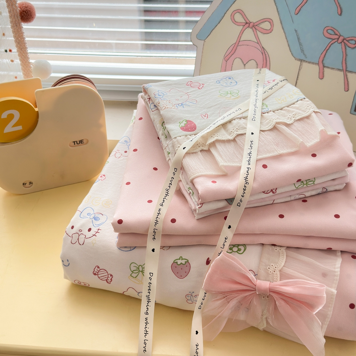 一霖家纺 2025新款高克重云朵棉韩系小清新蝴蝶结四件套 少女KT