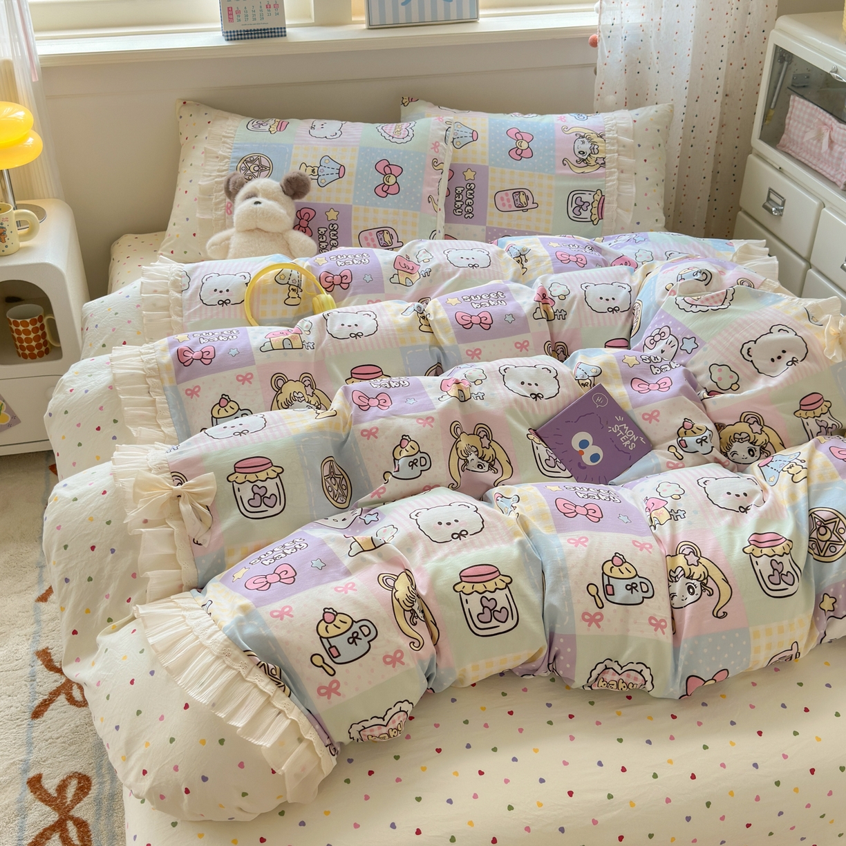 91家纺网 家纺一手货源 找家纺 一霖家纺 2025新款高克重云朵棉韩系小清新蝴蝶结四件套 炫彩美少女