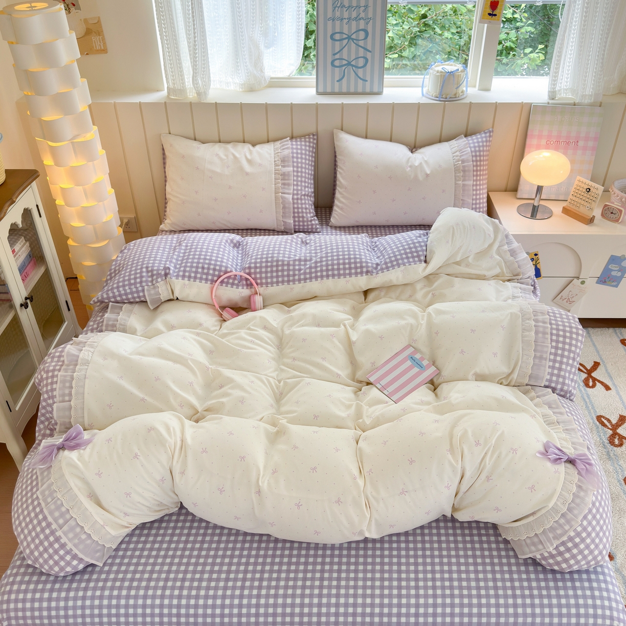 91家纺网 家纺一手货源 找家纺 一霖家纺 2025新款高克重云朵棉韩系小清新蝴蝶结四件套 波点蝴蝶结紫