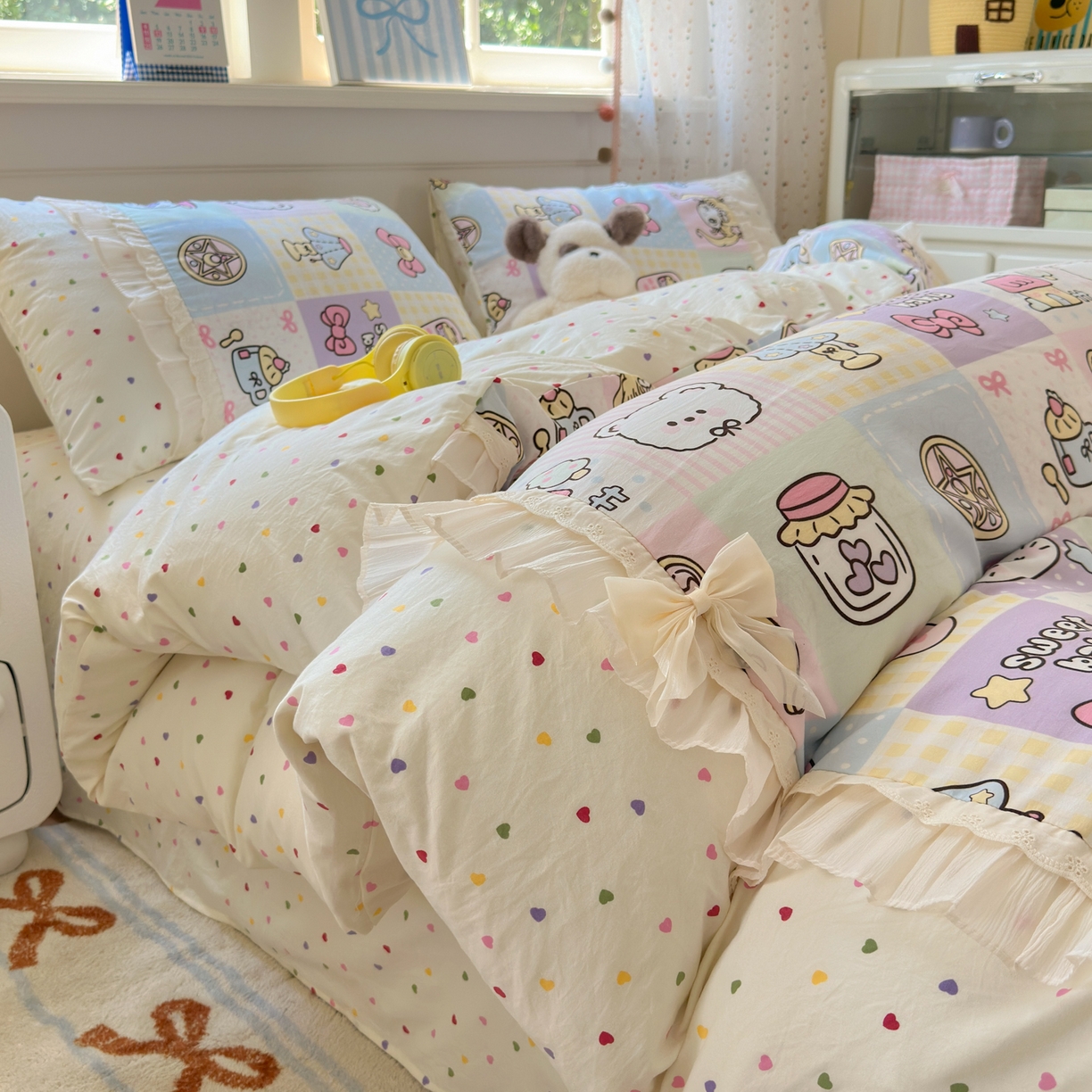 91家纺网 家纺一手货源 找家纺 一霖家纺 2025新款高克重云朵棉韩系小清新蝴蝶结四件套 炫彩美少女