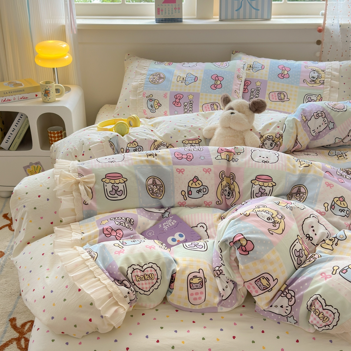 91家纺网 家纺一手货源 找家纺 一霖家纺 2025新款高克重云朵棉韩系小清新蝴蝶结四件套 炫彩美少女