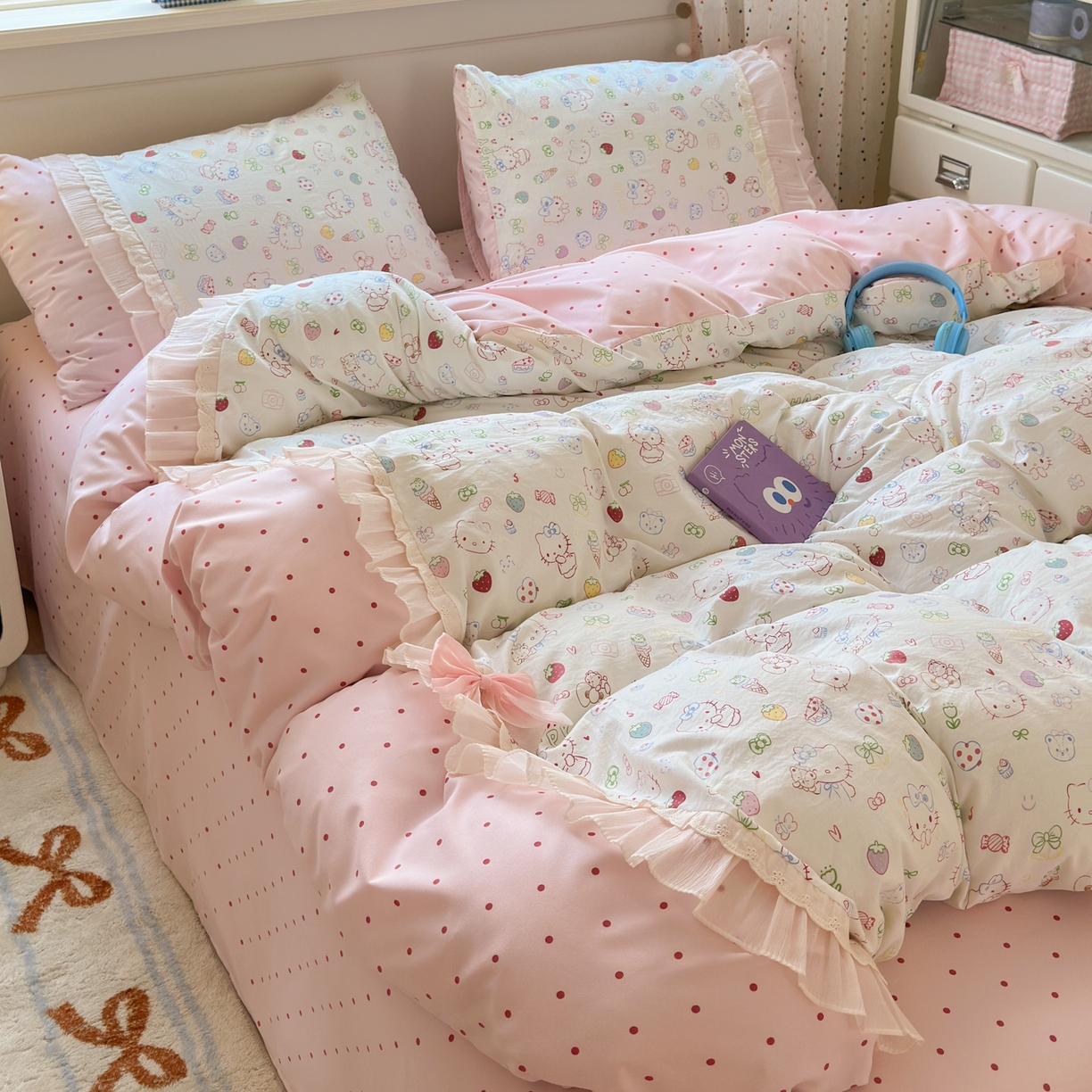 91家纺网 家纺一手货源 找家纺 一霖家纺 2025新款高克重云朵棉韩系小清新蝴蝶结四件套 少女KT