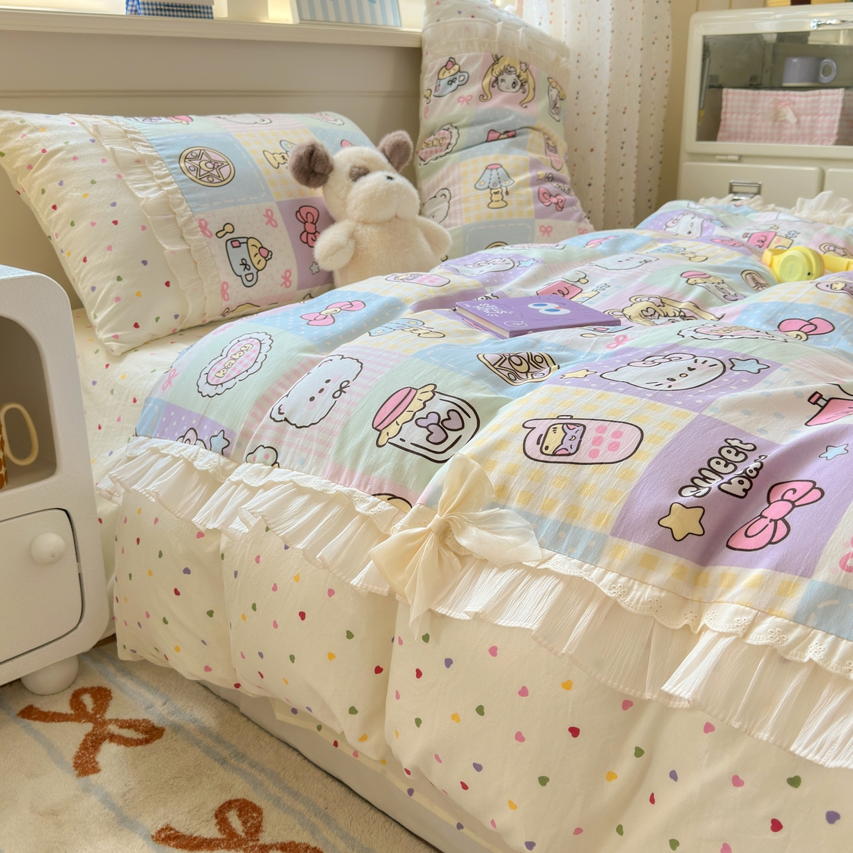 91家纺网 家纺一手货源 找家纺 一霖家纺 2025新款高克重云朵棉韩系小清新蝴蝶结四件套 炫彩美少女