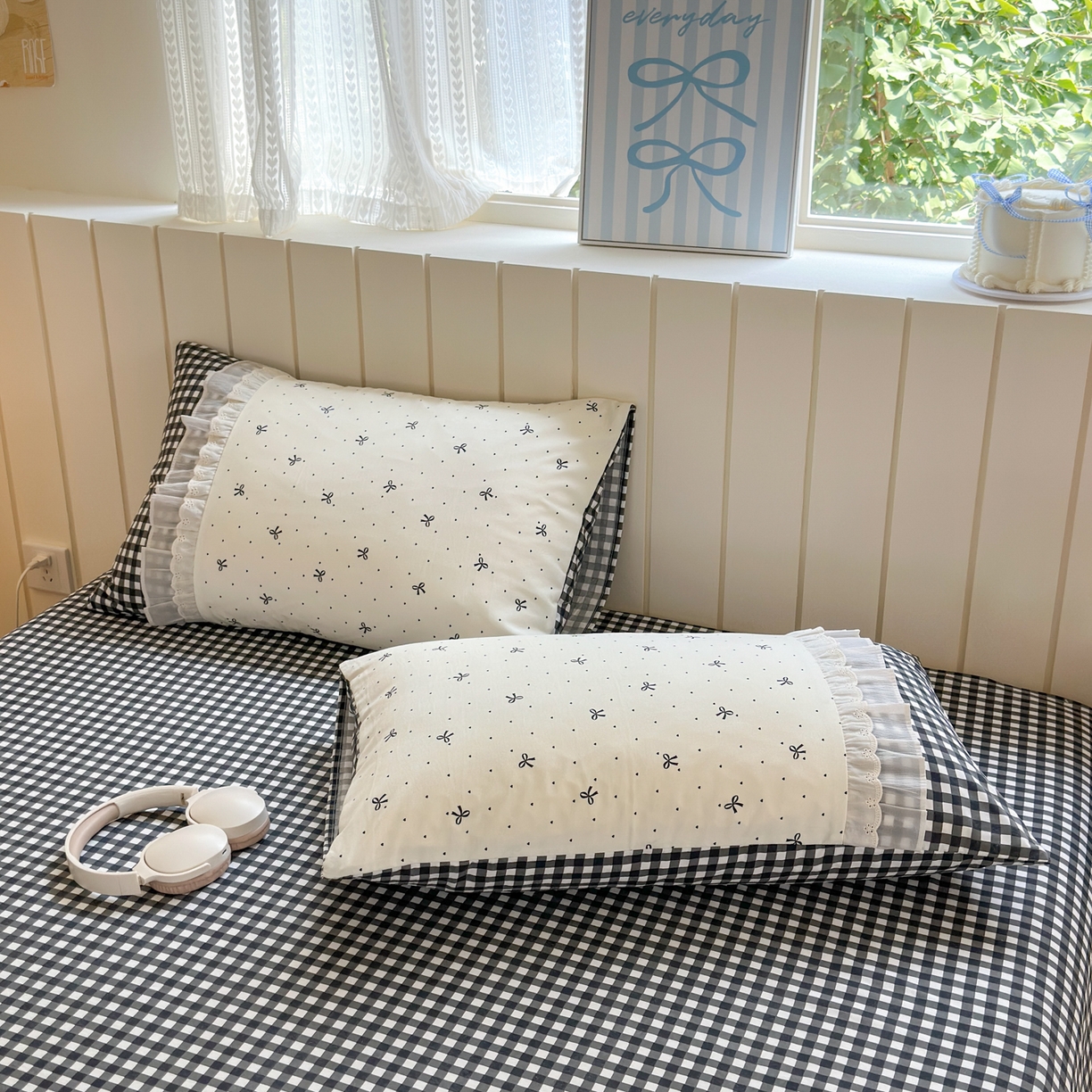 91家纺网 家纺一手货源 找家纺 一霖家纺 2025新款高克重云朵棉韩系小清新蝴蝶结四件套 波点蝴蝶结黑