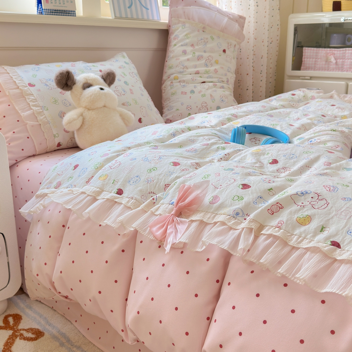 91家纺网 家纺一手货源 找家纺 一霖家纺 2025新款高克重云朵棉韩系小清新蝴蝶结四件套 少女KT