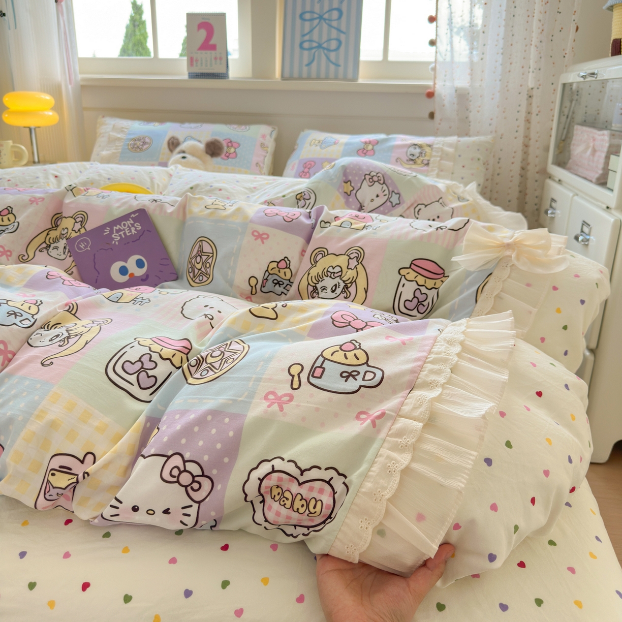 91家纺网 家纺一手货源 找家纺 一霖家纺 2025新款高克重云朵棉韩系小清新蝴蝶结四件套 炫彩美少女