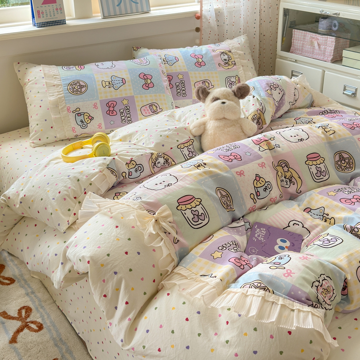 91家纺网 家纺一手货源 找家纺 一霖家纺 2025新款高克重云朵棉韩系小清新蝴蝶结四件套 炫彩美少女