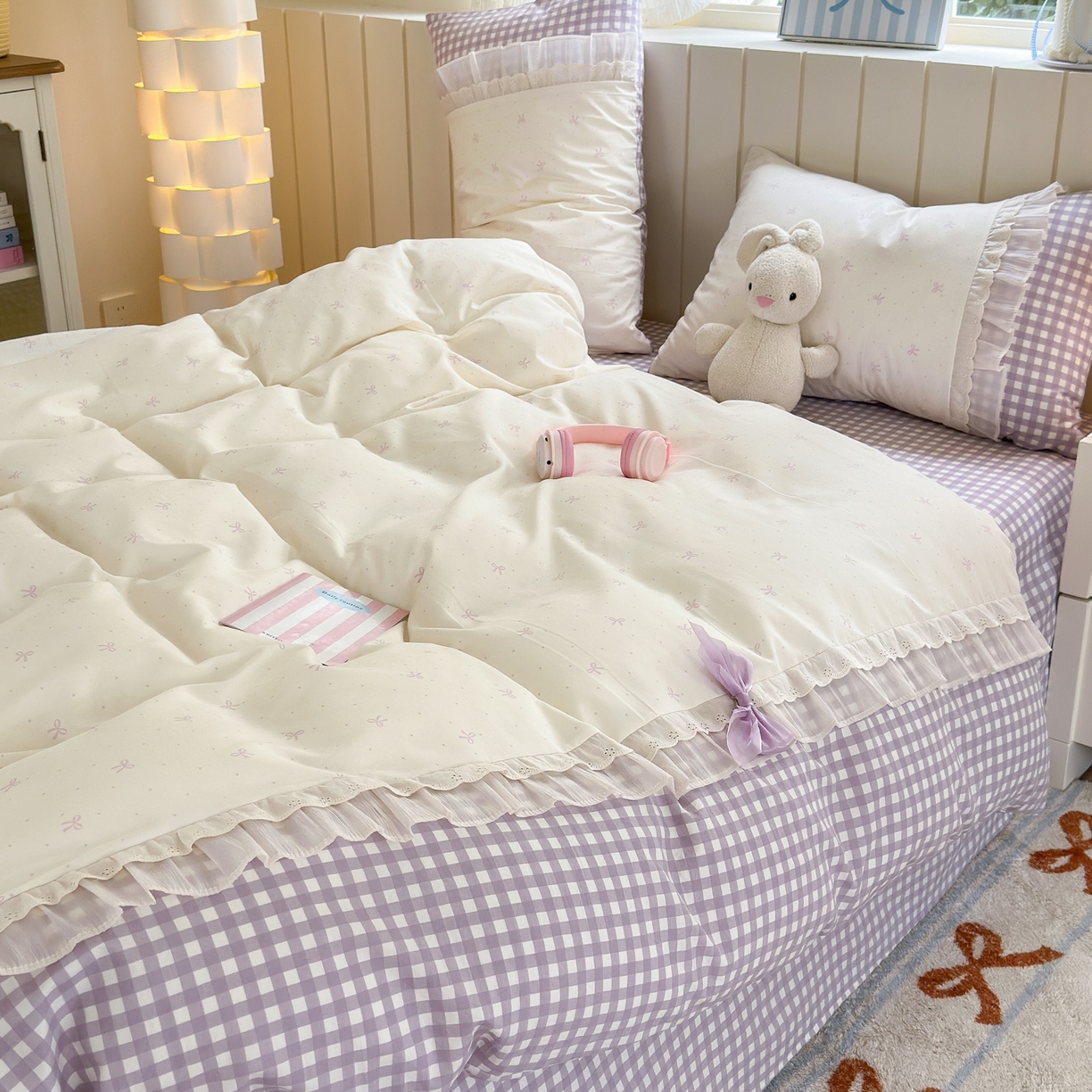 91家纺网 家纺一手货源 找家纺 一霖家纺 2025新款高克重云朵棉韩系小清新蝴蝶结四件套 波点蝴蝶结紫