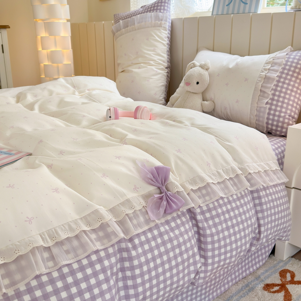 91家纺网 家纺一手货源 找家纺 一霖家纺 2025新款高克重云朵棉韩系小清新蝴蝶结四件套 波点蝴蝶结紫