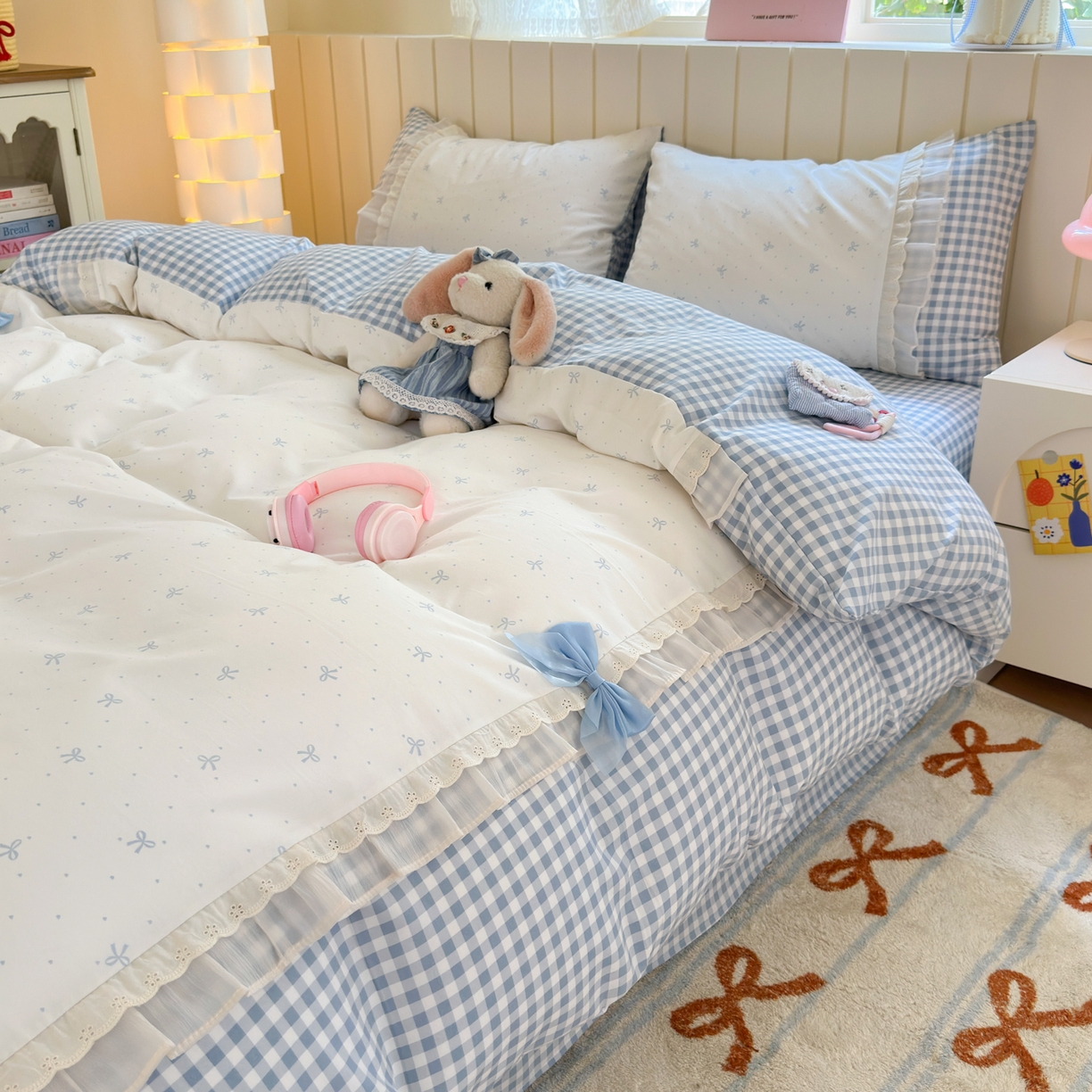 91家纺网 家纺一手货源 找家纺 一霖家纺 2025新款高克重云朵棉韩系小清新蝴蝶结四件套 波点蝴蝶结蓝