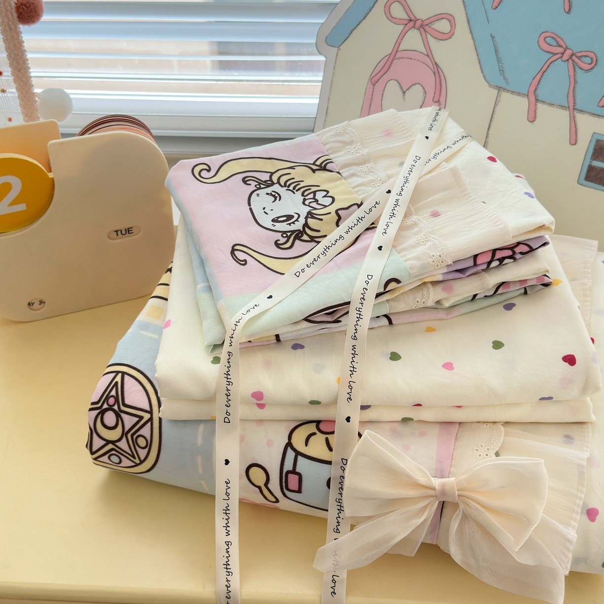 91家纺网 家纺一手货源 找家纺 一霖家纺 2025新款高克重云朵棉韩系小清新蝴蝶结四件套 炫彩美少女