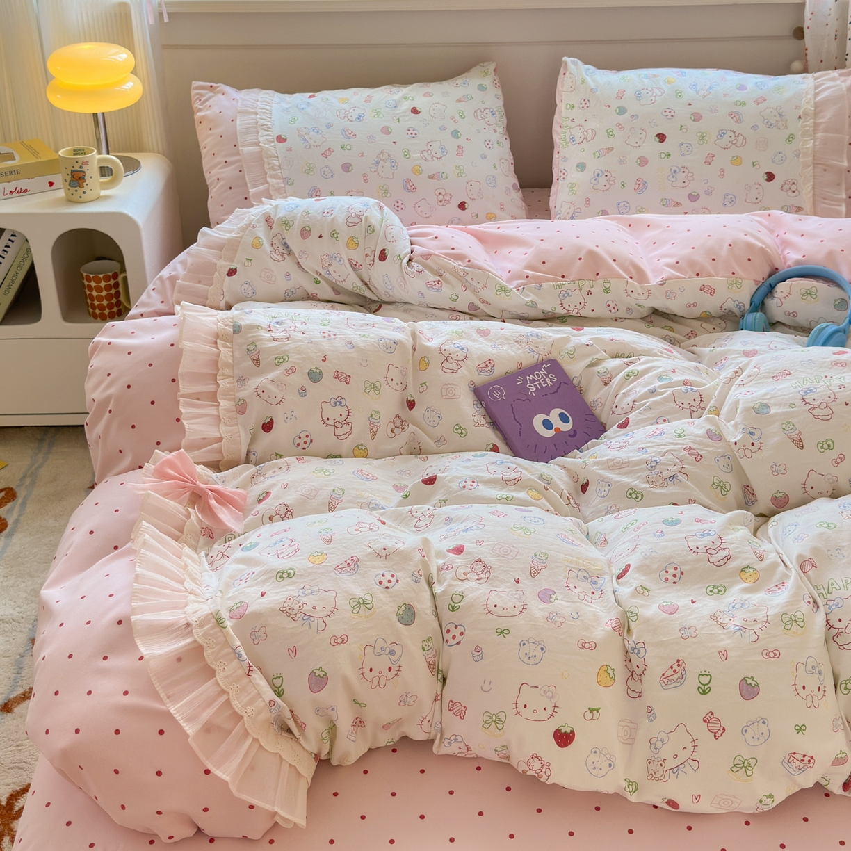 91家纺网 家纺一手货源 找家纺 一霖家纺 2025新款高克重云朵棉韩系小清新蝴蝶结四件套 少女KT