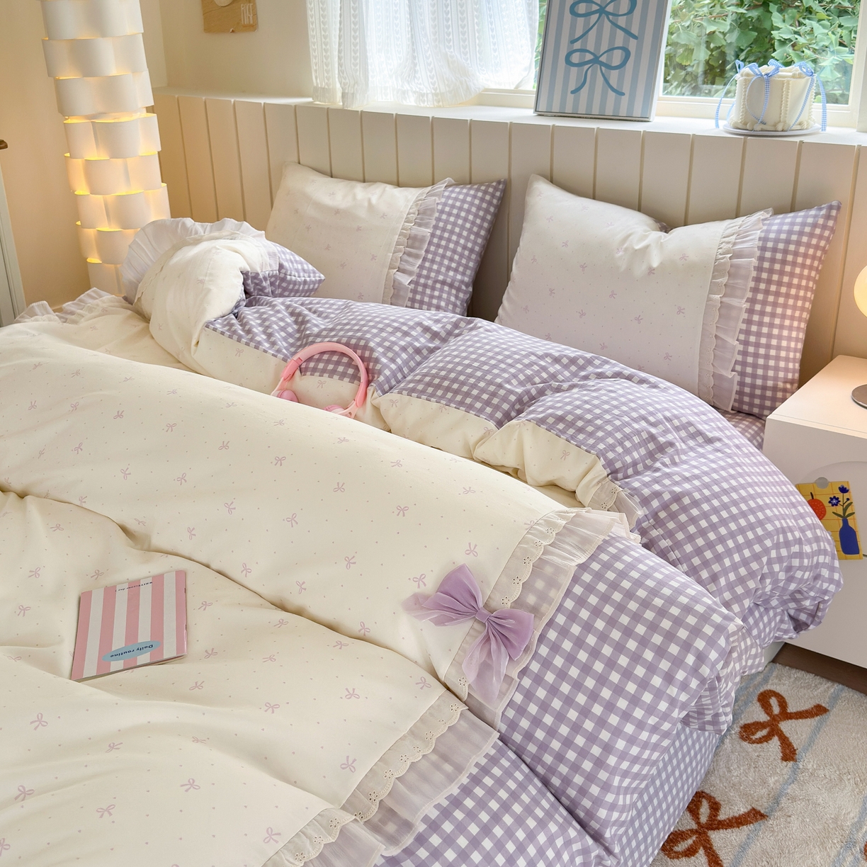 91家纺网 家纺一手货源 找家纺 一霖家纺 2025新款高克重云朵棉韩系小清新蝴蝶结四件套 波点蝴蝶结紫