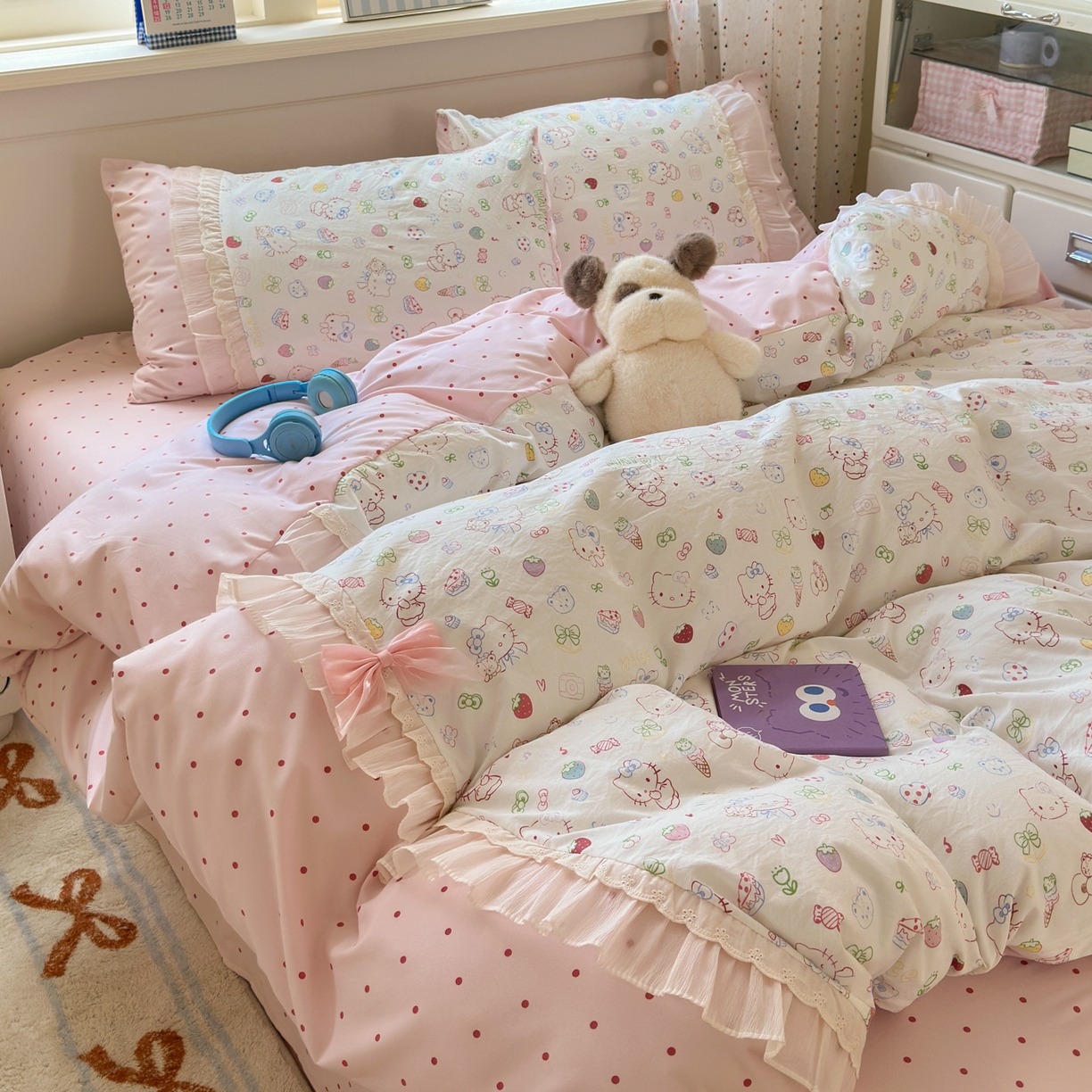 91家纺网 家纺一手货源 找家纺 一霖家纺 2025新款高克重云朵棉韩系小清新蝴蝶结四件套 少女KT