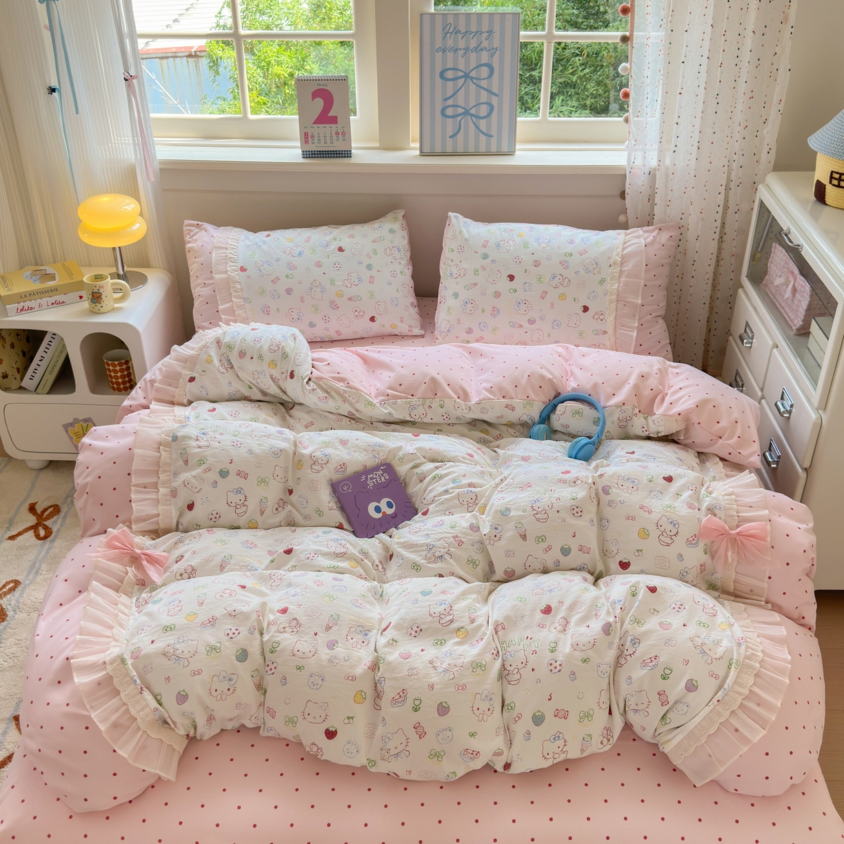 91家纺网 家纺一手货源 找家纺 一霖家纺 2025新款高克重云朵棉韩系小清新蝴蝶结四件套 少女KT