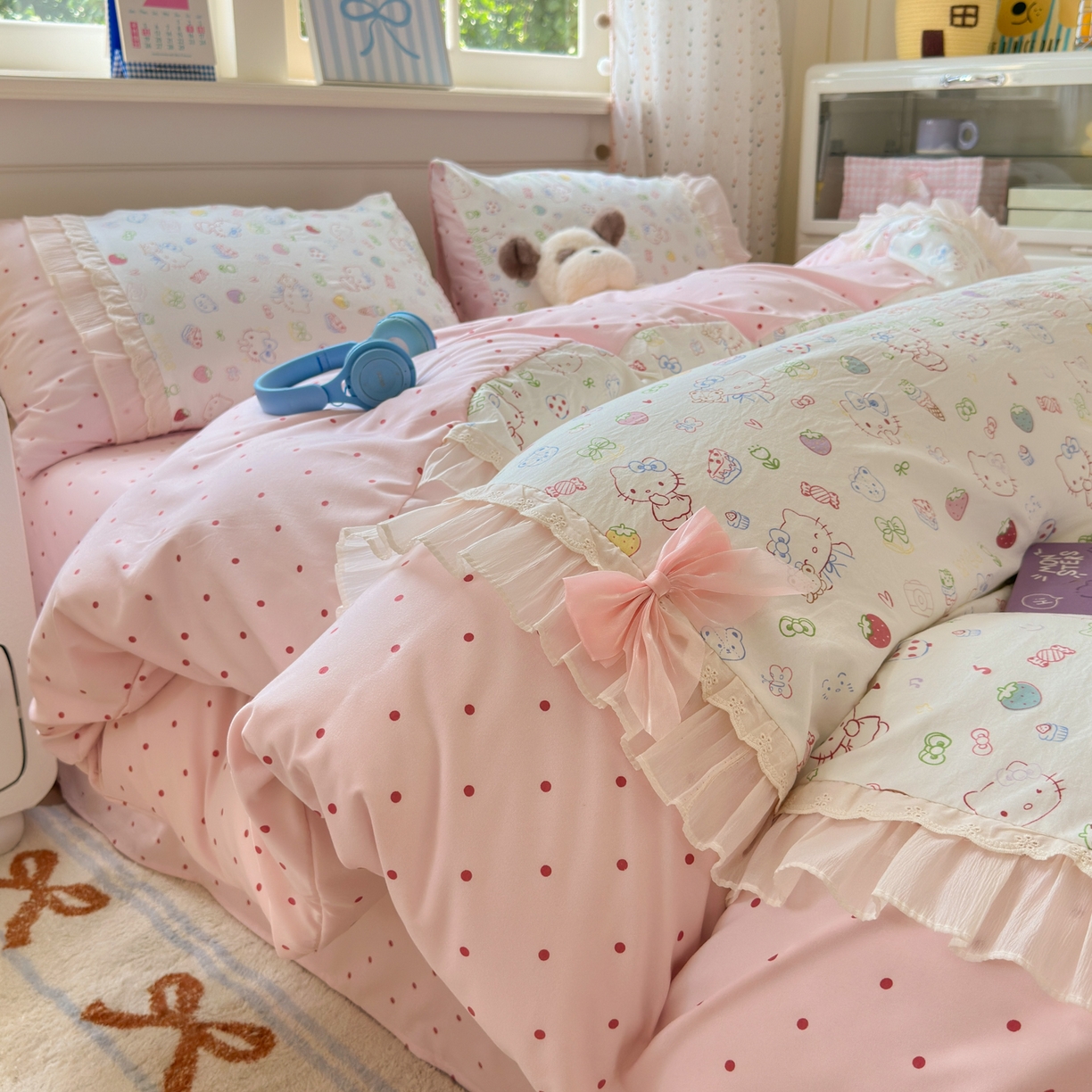 91家纺网 家纺一手货源 找家纺 一霖家纺 2025新款高克重云朵棉韩系小清新蝴蝶结四件套 少女KT