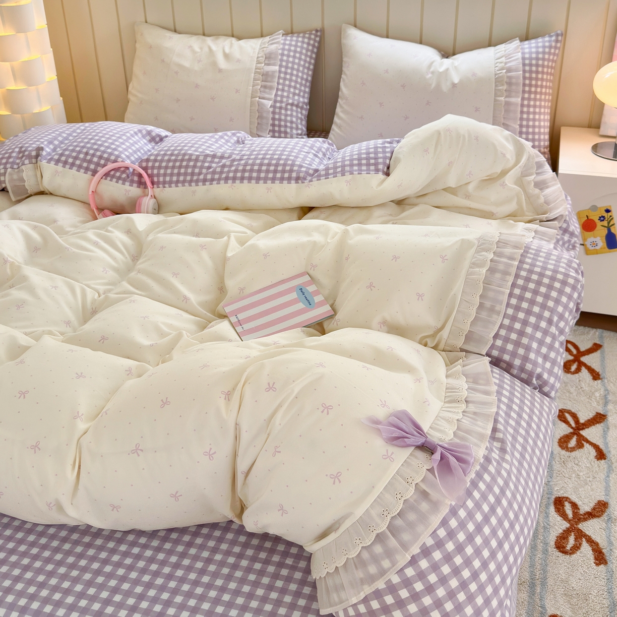 91家纺网 家纺一手货源 找家纺 一霖家纺 2025新款高克重云朵棉韩系小清新蝴蝶结四件套 波点蝴蝶结紫