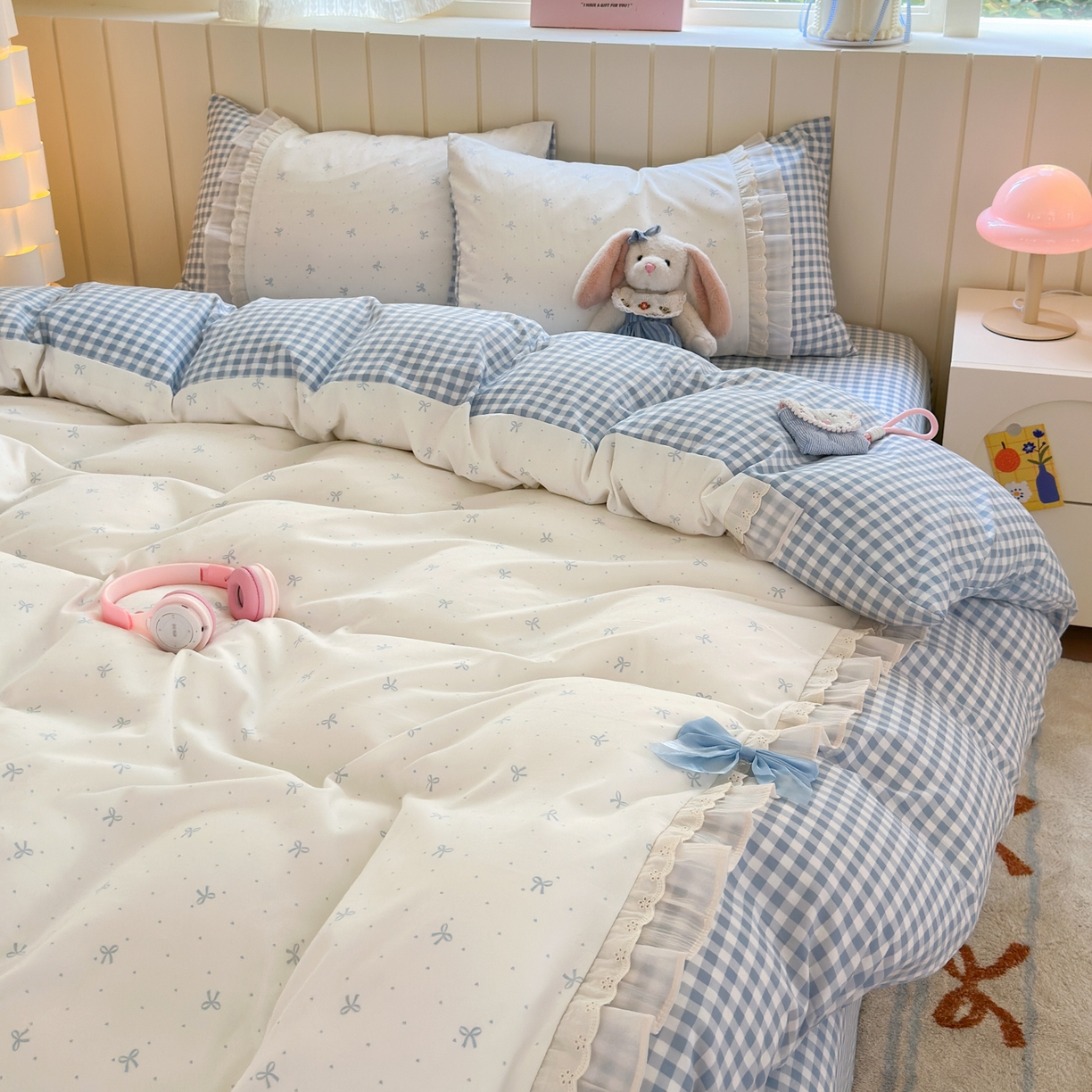 91家纺网 家纺一手货源 找家纺 一霖家纺 2025新款高克重云朵棉韩系小清新蝴蝶结四件套 波点蝴蝶结蓝