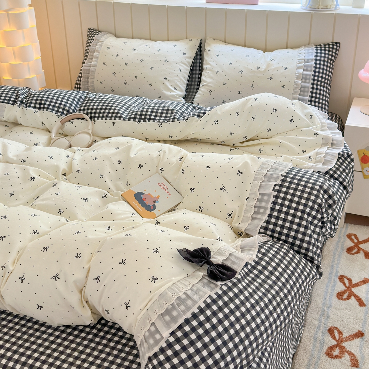 91家纺网 家纺一手货源 找家纺 一霖家纺 2025新款高克重云朵棉韩系小清新蝴蝶结四件套 波点蝴蝶结黑