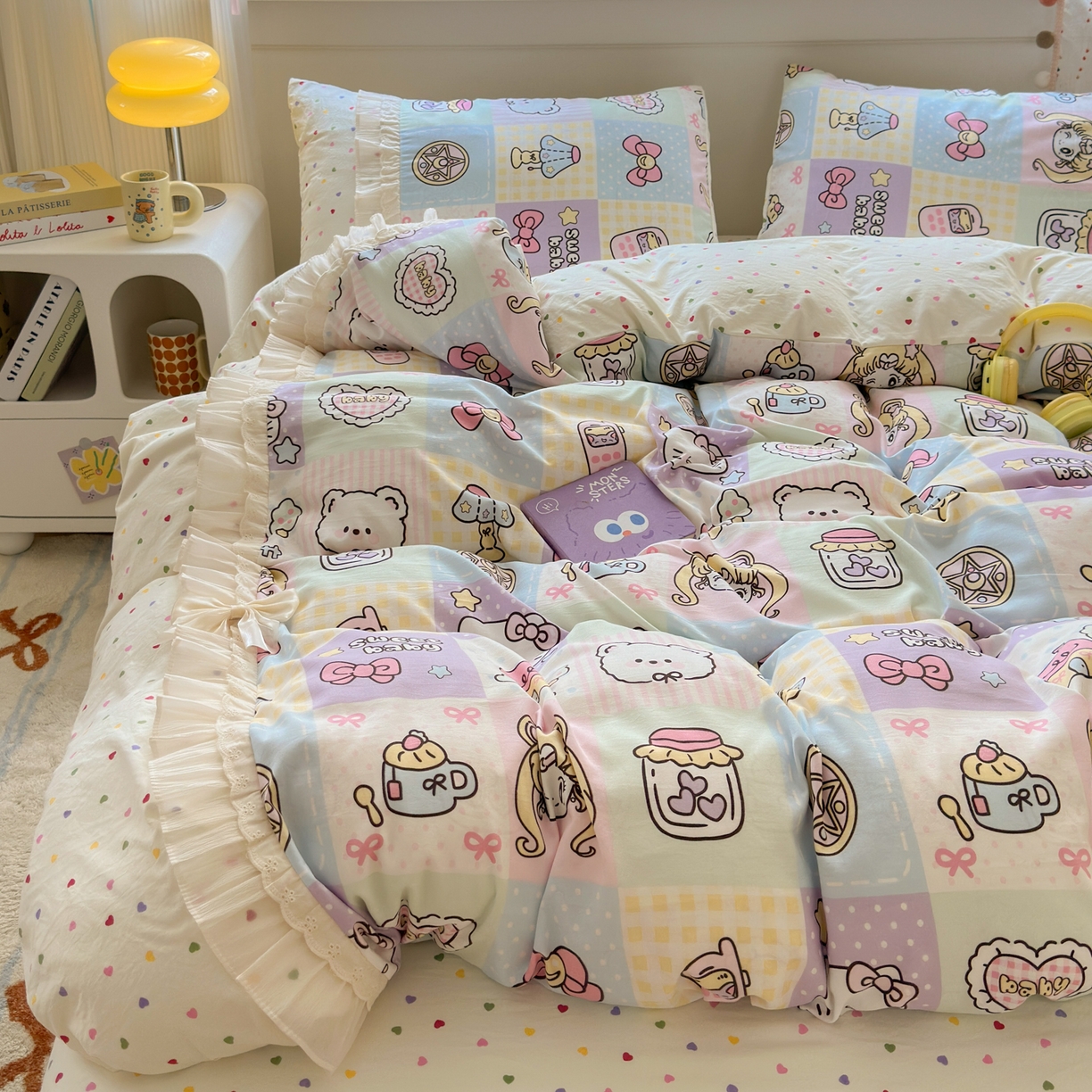 91家纺网 家纺一手货源 找家纺 一霖家纺 2025新款高克重云朵棉韩系小清新蝴蝶结四件套 炫彩美少女