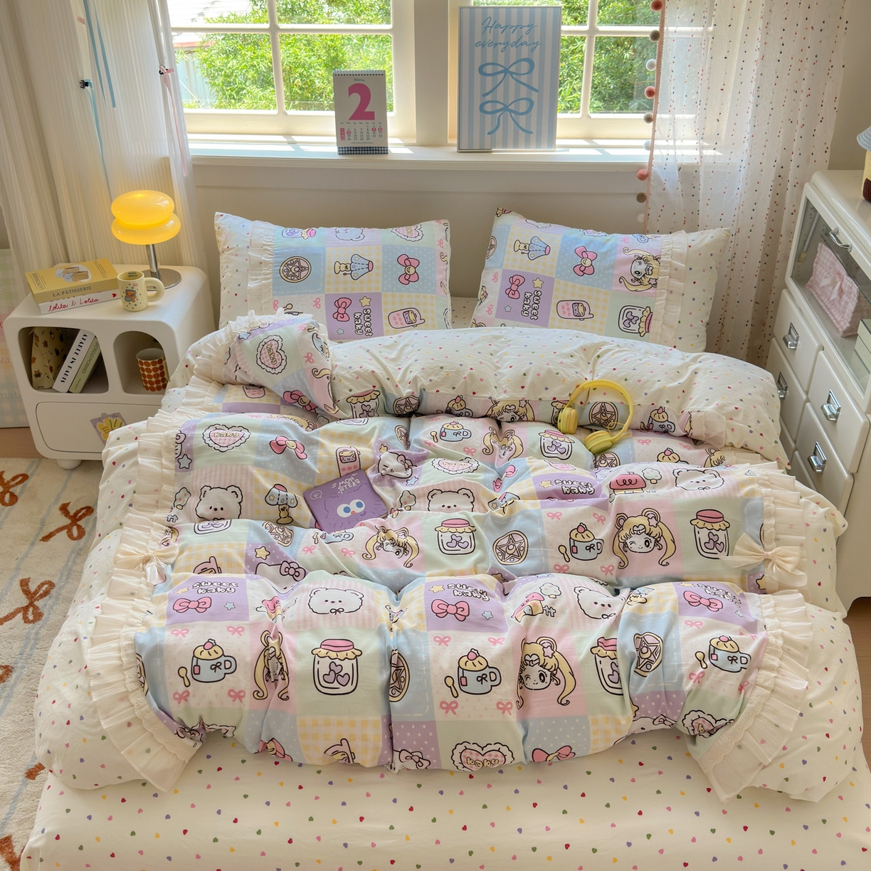 91家纺网 家纺一手货源 找家纺 一霖家纺 2025新款高克重云朵棉韩系小清新蝴蝶结四件套 炫彩美少女