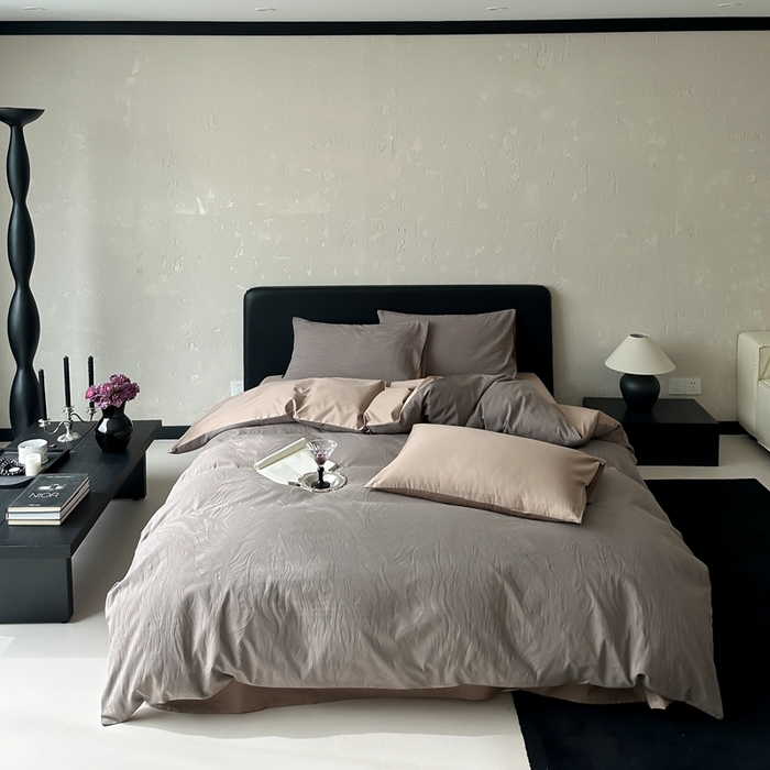 91家纺网 家纺一手货源 找家纺 玉宇阁家居 2025新款100S色织空气大提花全棉纯棉长绒棉四件套-雨雾100S 100S雨雾-摩卡棕