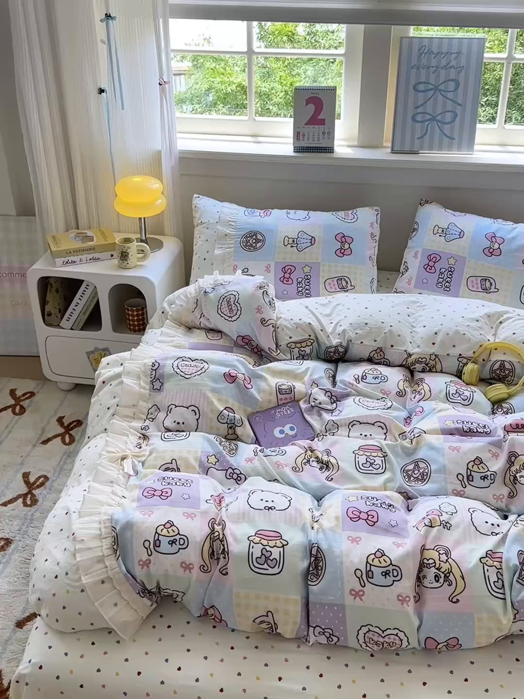 91家纺网 家纺一手货源 找家纺 一霖家纺 2025新款高克重云朵棉韩系小清新蝴蝶结四件套 炫彩美少女