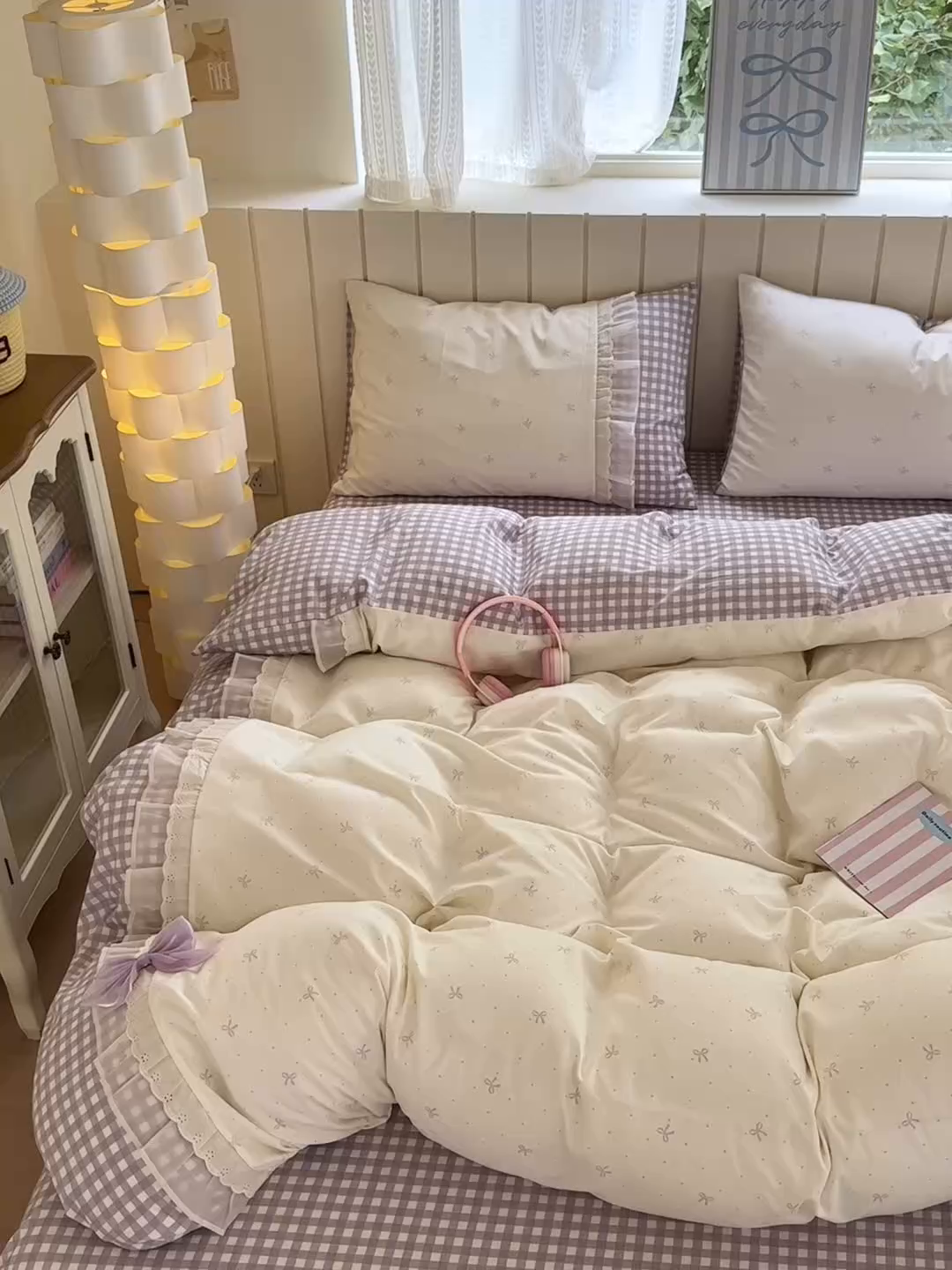 91家纺网 家纺一手货源 找家纺 一霖家纺 2025新款高克重云朵棉韩系小清新蝴蝶结四件套 波点蝴蝶结紫