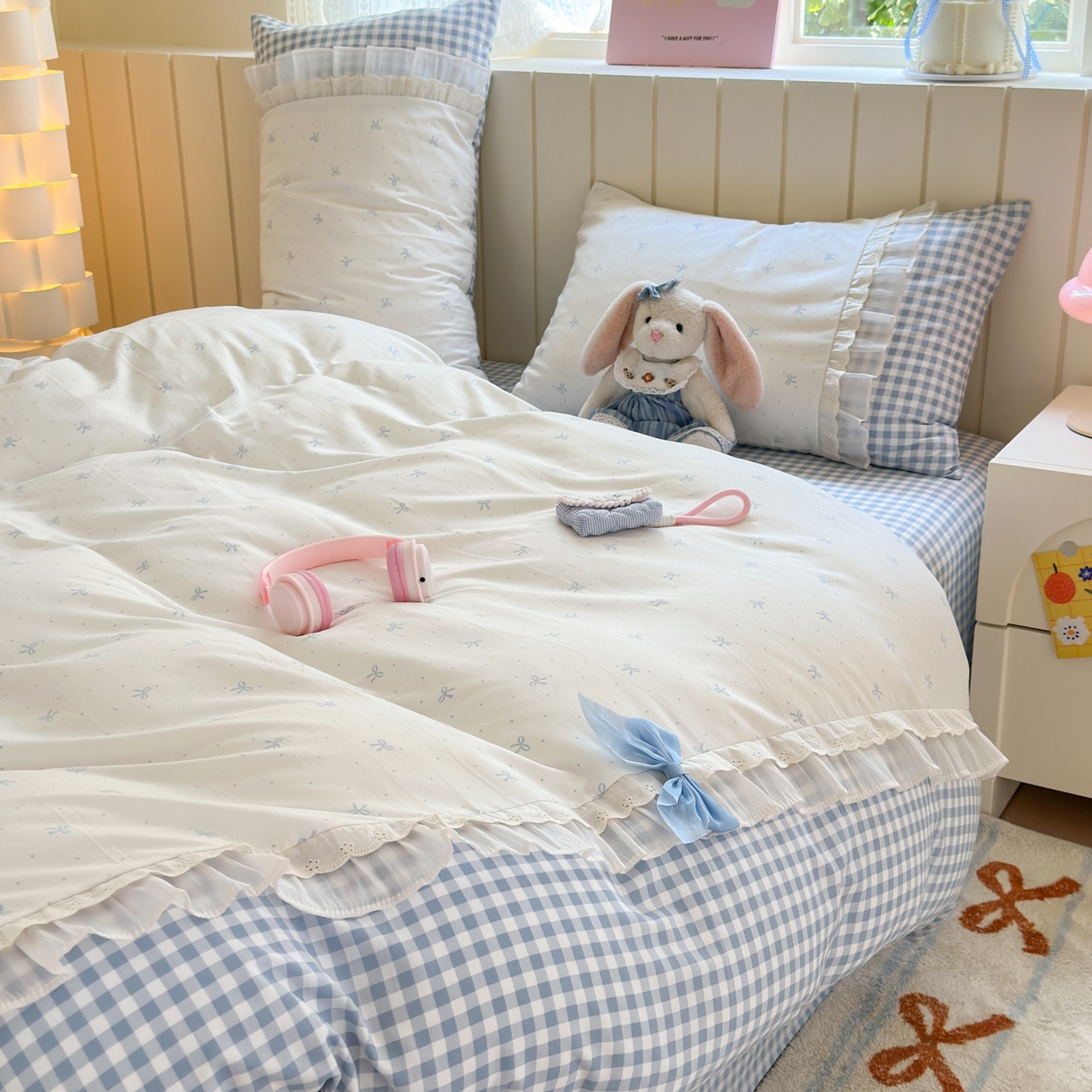 91家纺网 家纺一手货源 找家纺 （总）一霖家纺 2025新款高克重云朵棉韩系小清新蝴蝶结四件套