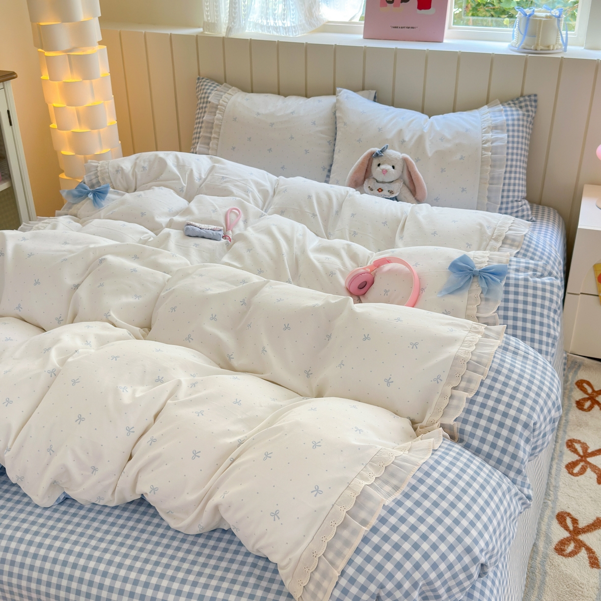 91家纺网 家纺一手货源 找家纺 （总）一霖家纺 2025新款高克重云朵棉韩系小清新蝴蝶结四件套