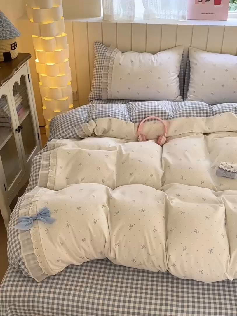 91家纺网 家纺一手货源 找家纺 （总）一霖家纺 2025新款高克重云朵棉韩系小清新蝴蝶结四件套