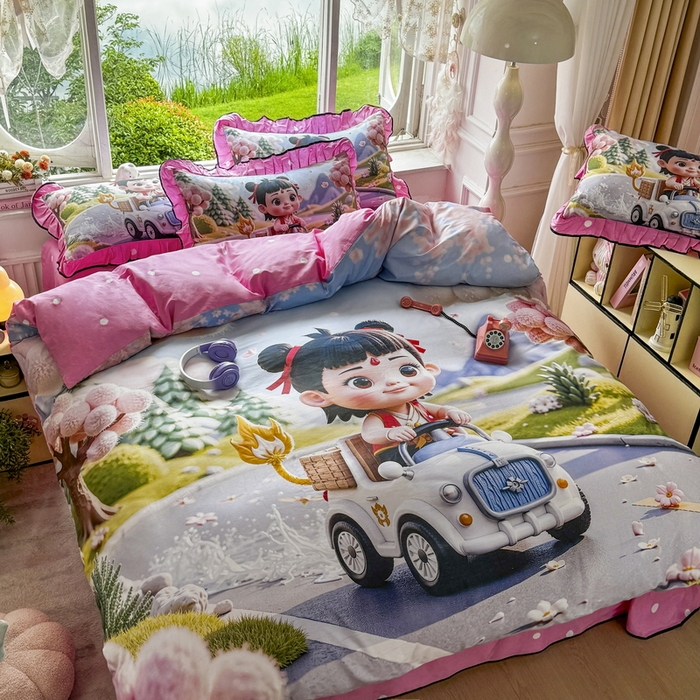 91家纺网 家纺一手货源 找家纺 馨语家居 2025新款A类全棉3D大版印花四件套 郊游哪吒