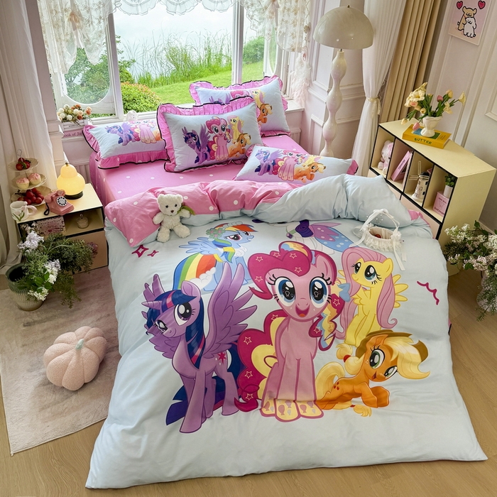 91家纺网 家纺一手货源 找家纺 馨语家居 2025新款A类全棉3D大版印花四件套 小马碧琪