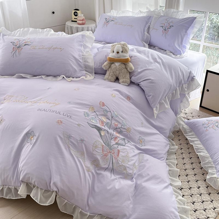 91家纺网 家纺一手货源 找家纺 ab家纺 2025新款水洗棉绣花四件套-铃兰语 铃兰语  香芋紫