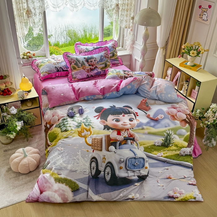 91家纺网 家纺一手货源 找家纺 馨语家居 2025新款A类全棉3D大版印花四件套 郊游哪吒