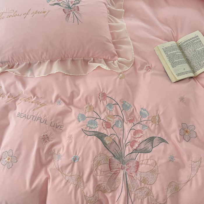 91家纺网 家纺一手货源 找家纺 ab家纺 2025新款水洗棉绣花四件套-铃兰语 铃兰语 微微粉